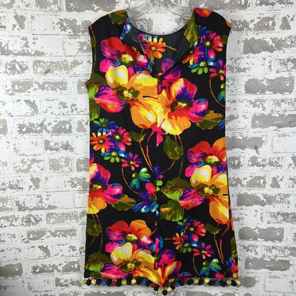Vtg GoGo Dress Sz M Matching Shawl & Skirt‎ Handmade Bright Flowers Pom Pom Trim - Picture 1 of 16